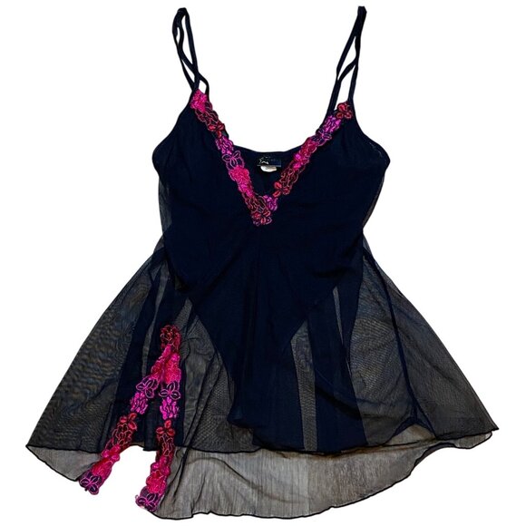 90s/Y2K Fredricks of Hollywood Black Sheer Babydoll Lingerie With Bright Pink Fl - Picture 1 of 9